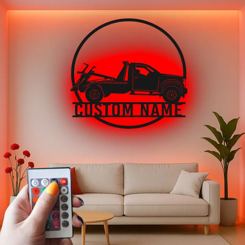 Panneau LED personnalisé pour dépanneuse | Décoration murale en métal pour garage | Cadeau décoratif pour mécanicien ou propriétaire d'entreprise