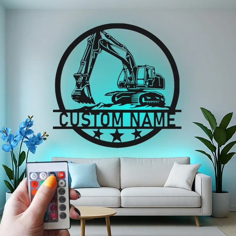 Décoration murale en métal LED personnalisée pour excavateur - Cadeau pour passionnés de construction, décoration de garage ou de bureau