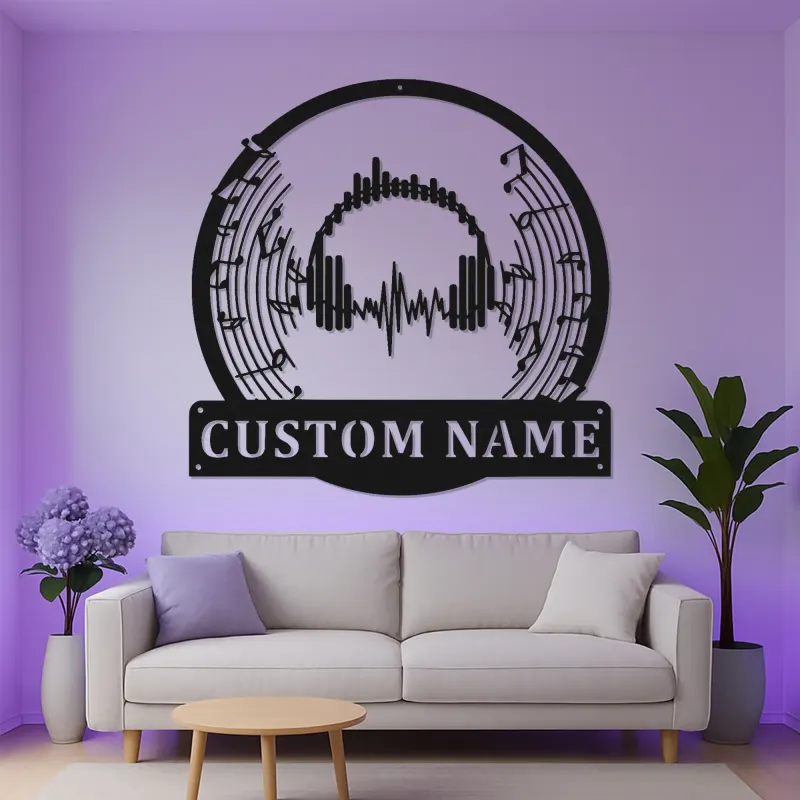 Decorazione murale LED cuffie personalizzata | Insegna in metallo su misura per studio | Targa DJ e regalo per amanti della musica | Decorazione audio soundwave