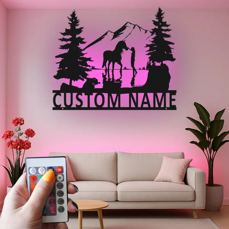 Arte mural de metal personalizado con caballo | Cartel LED ecuestre a medida | Decoración rústica de casa de campo | Regalo para amantes de los caballos