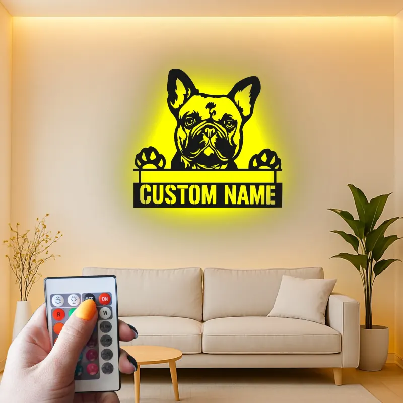 Arte murale LED in metallo con Bulldog Francese | Insegna personalizzata con nome del cane | Regalo su misura per amanti dei cani | Arredo moderno minimalista
