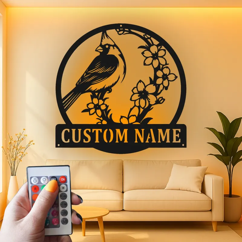 Décoration murale en métal personnalisée avec lumière LED cardinal et fleurs