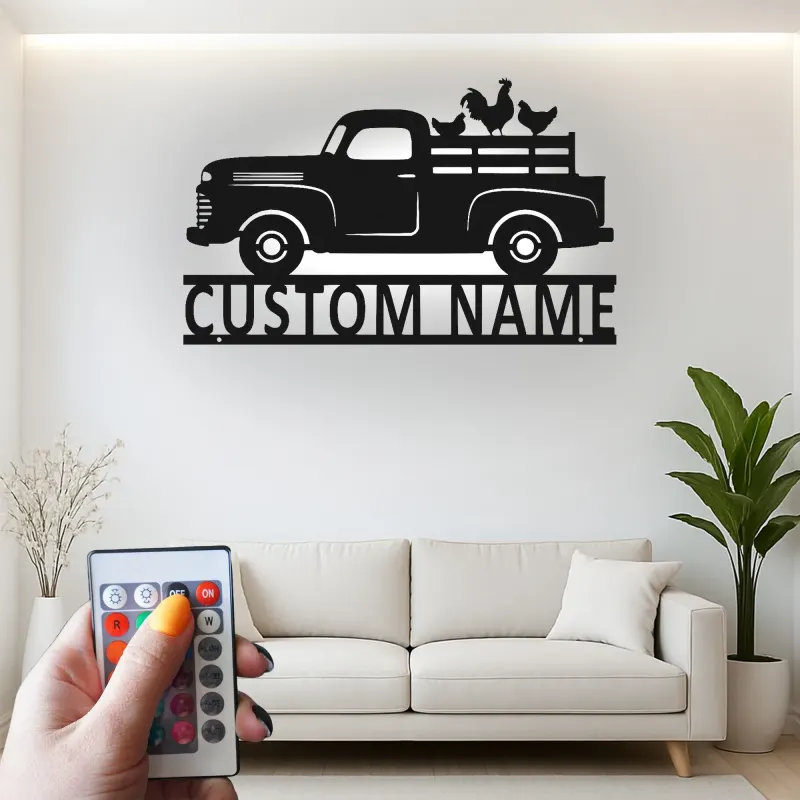 Personalisierte Farm-Truck-Metallschild | Individuelles LED-Wandkunst | Rustikale Bauernhaus- & Ranch-Dekoration | Vintage-Hühnertafel-Geschenk