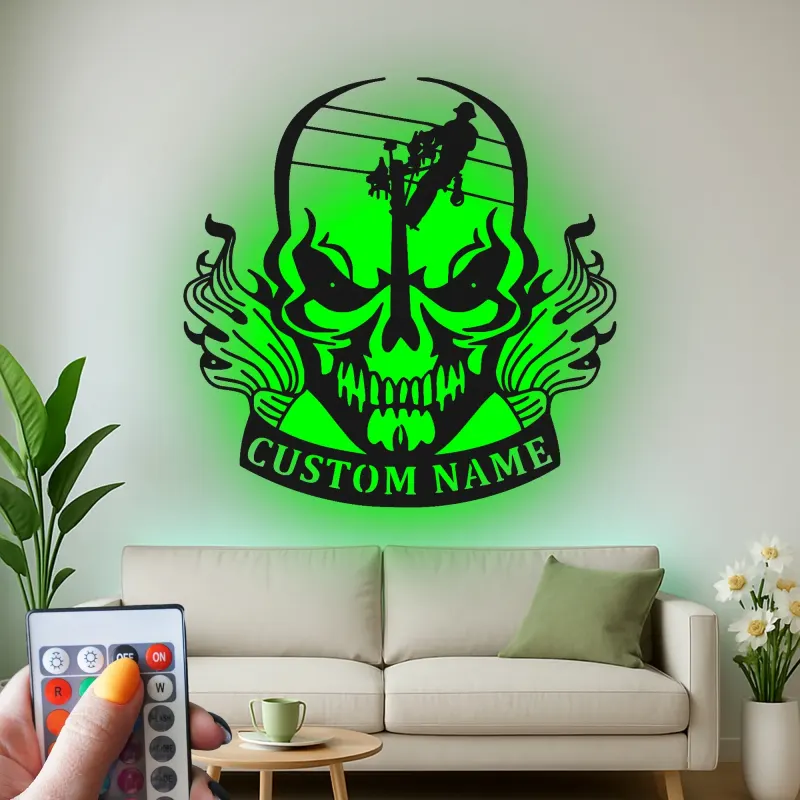 Insegna in Metallo con Teschio per Lineman | Arte da Parete LED Personalizzata per Elettricista | Decorazione per Man Cave e Insegna per Laboratorio | Regalo per Lui