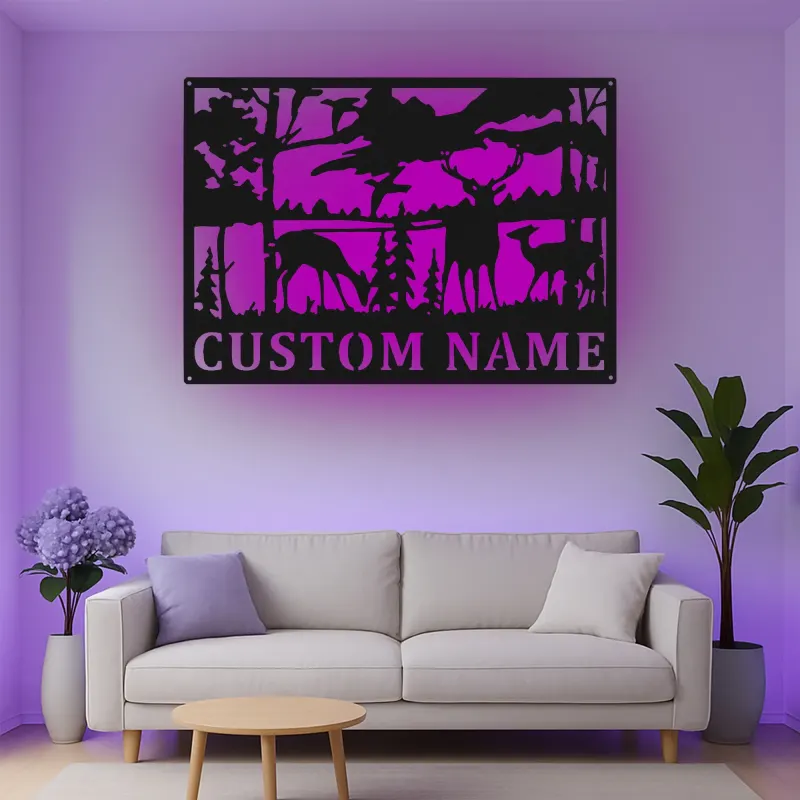 Décoration murale en métal personnalisée avec éclairage LED de forêt de cerfs - Cadeau pour les amoureux de la nature, décoration de chalet ou de pavillon