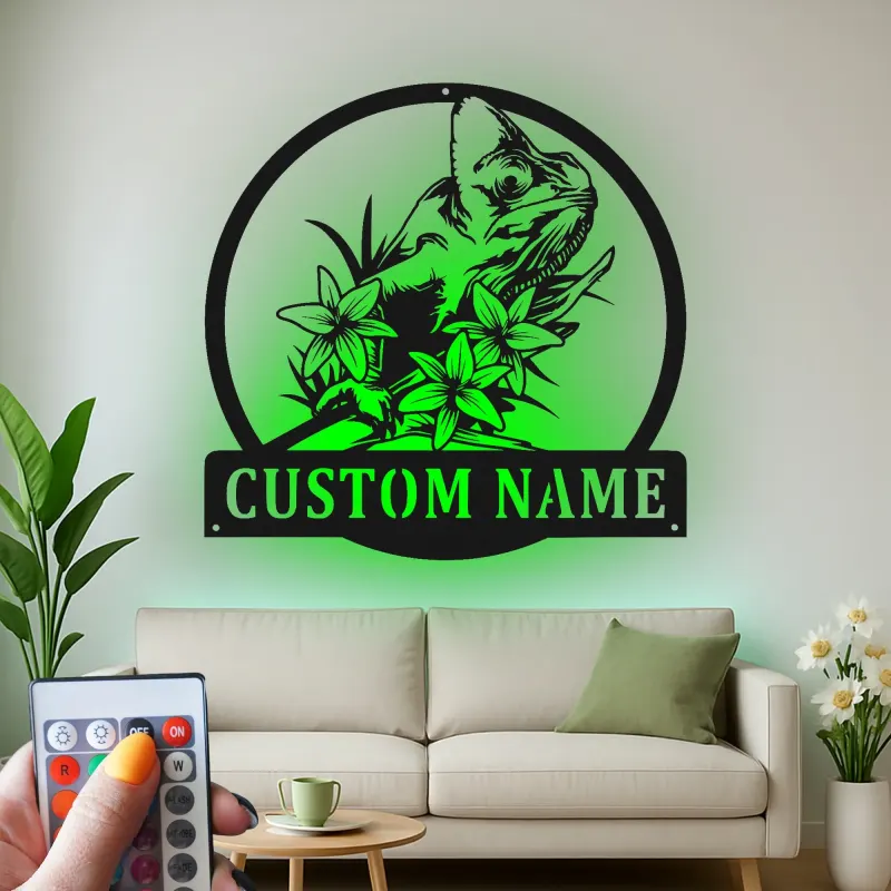 Insegna in Metallo LED Personalizzata a Tema Camaleonte - Regalo Unico per Amanti dei Rettili per Decorare la Camera o il Soggiorno 2