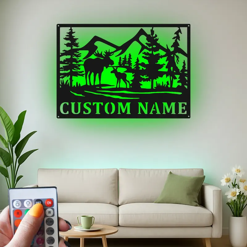 Letrero de metal personalizado con alce | Arte mural LED personalizado de fauna salvaje | Decoración rústica para cabaña y letrero con nombre para refugio