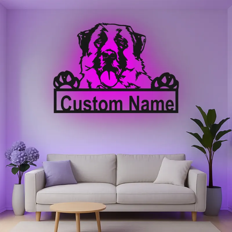 Décoration murale en métal LED personnalisée Saint Bernard - Cadeau pour amoureux des chiens, décoration pour salon
