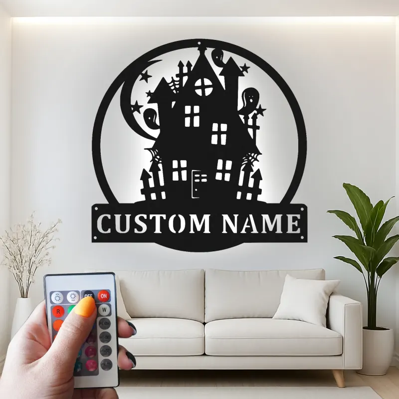 Letrero LED de casa encantada | Decoración mural de metal personalizada | Decoración de Halloween con apellido personalizado | Iluminación espeluznante para exterior y porche