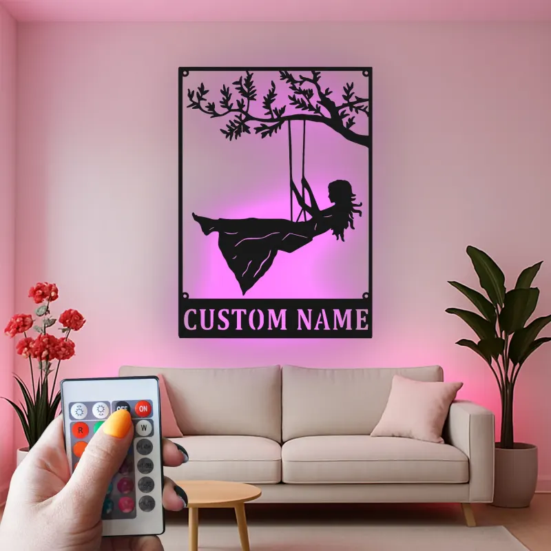Letrero LED personalizado de niña en columpio | Decoración mural de metal con nombre a medida | Regalo para guardería y cuarto de juegos