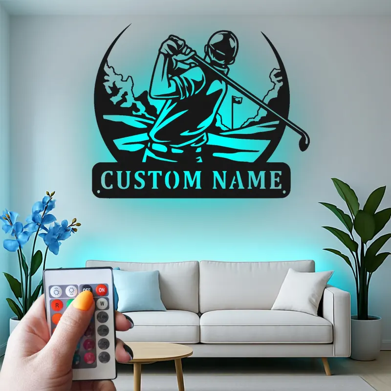 Insegna in metallo personalizzata per golfista con LED | Decorazione murale golf su misura | Arredo per man cave e regalo originale per amanti del golf
