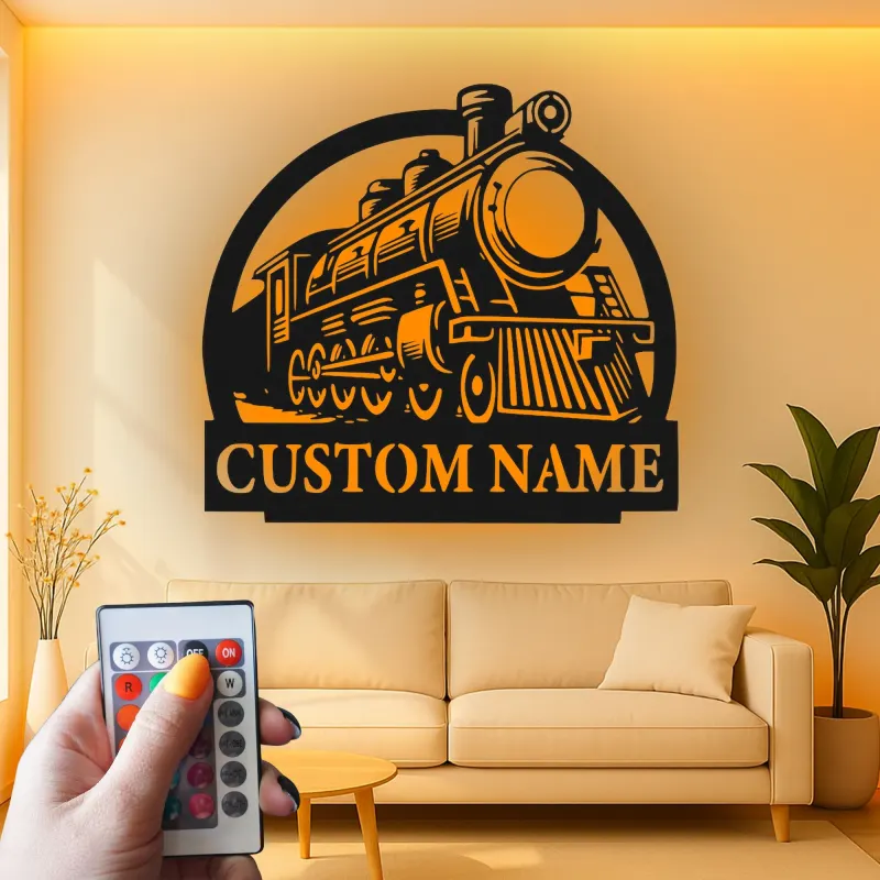 Insegna in metallo personalizzata con luce LED di locomotiva a vapore per appassionati di treni, regalo per man cave o decorazione per ufficio