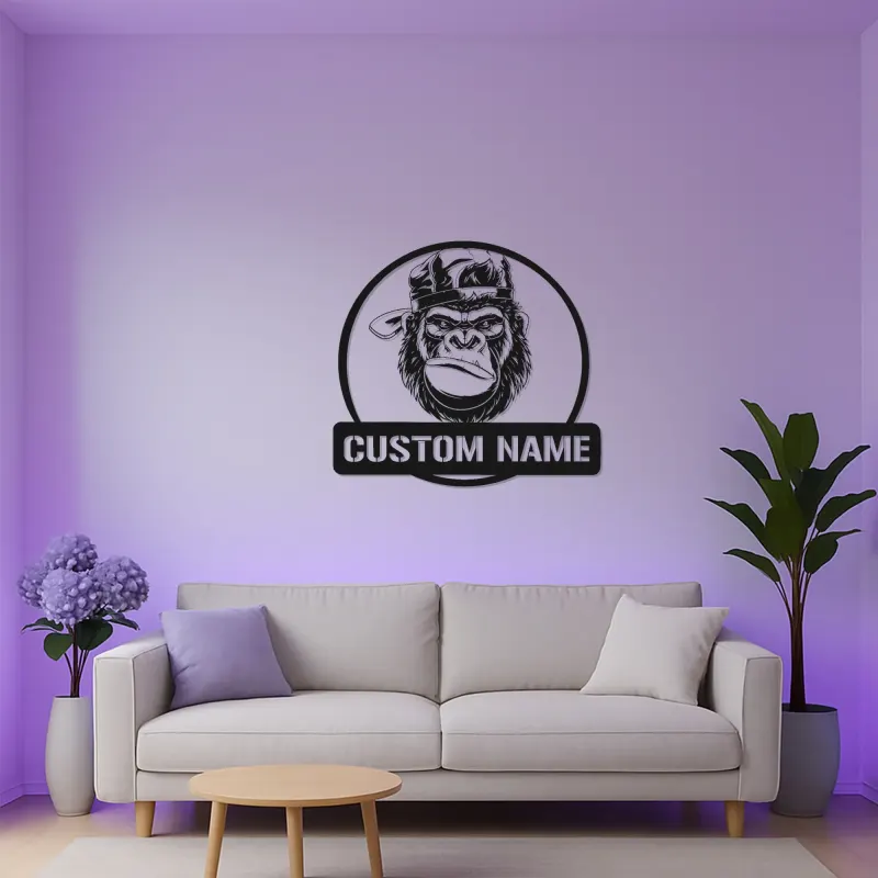 Decoración mural de metal LED con gorila | Cartel personalizado con nombre para sala de hombres | Decoración selvática y de fauna a medida para él