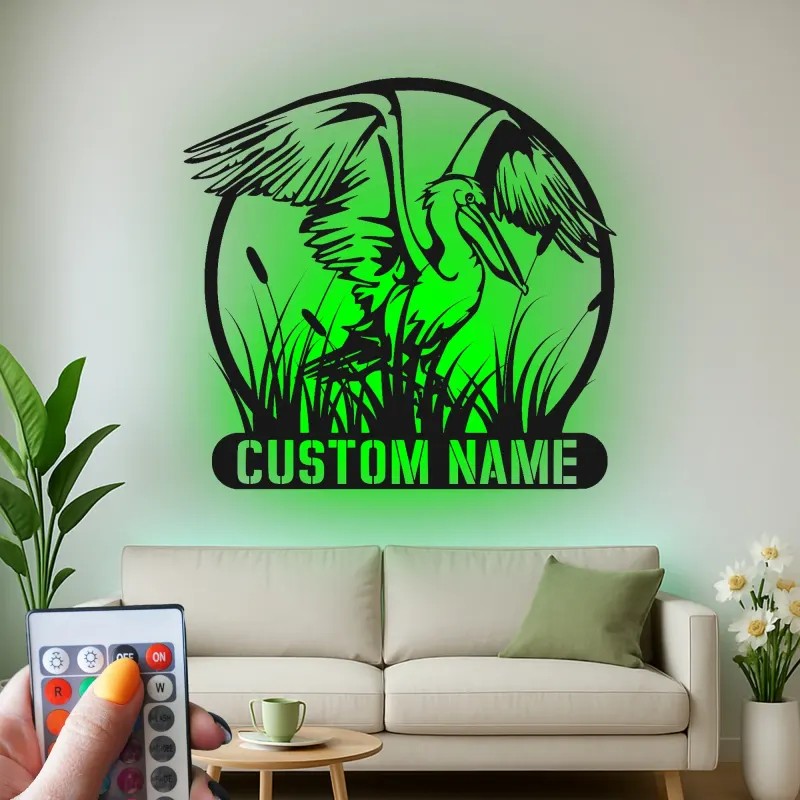 Insegna in Metallo Pellicano Personalizzata | Arte Murale LED Costiera per la Casa | Regalo per Amanti degli Uccelli | Decorazione per Casa al Mare