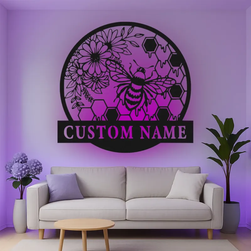 Personalisierte Bienen und Blumen LED Licht Metall-Wandkunst Geschenk für Naturliebhaber Gartenraum Dekor