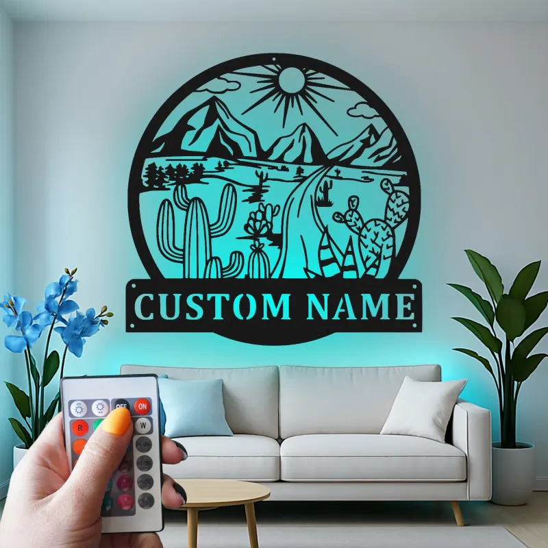 Décoration murale en métal personnalisée Paysage désertique avec rétroéclairage LED Cadeau pour les amoureux de la nature Décor de salon ou de bureau 1