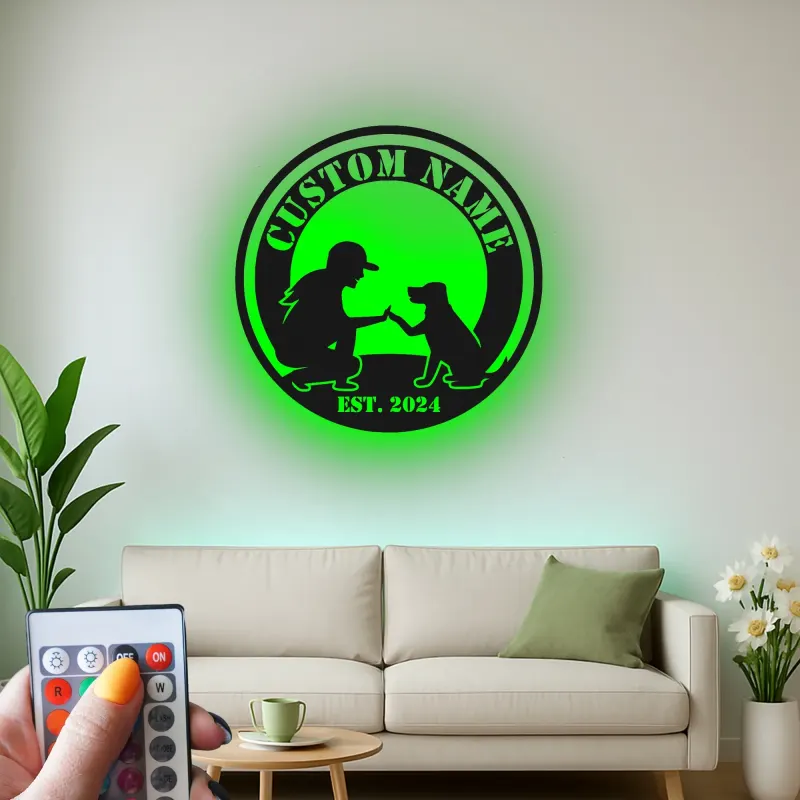 Cartel de metal personalizado con silueta de perro y dueño y luz LED, regalo para amantes de mascotas, decoración para salón