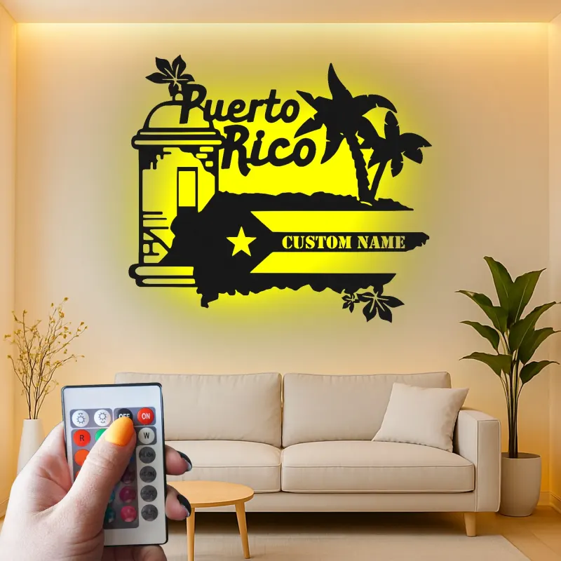 Panneau Métal LED Porto Rico Personnalisé | Art Murale Palmier des Caraïbes Personnalisé | Décor Boricua & Idée de Cadeau Insulaire