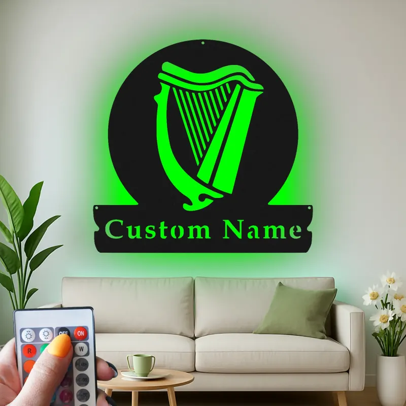 Insegna LED personalizzata con arpa | Insegna in metallo su misura per pub e home bar | Regalo retroilluminato per musicisti | Decorazione per strumento irlandese