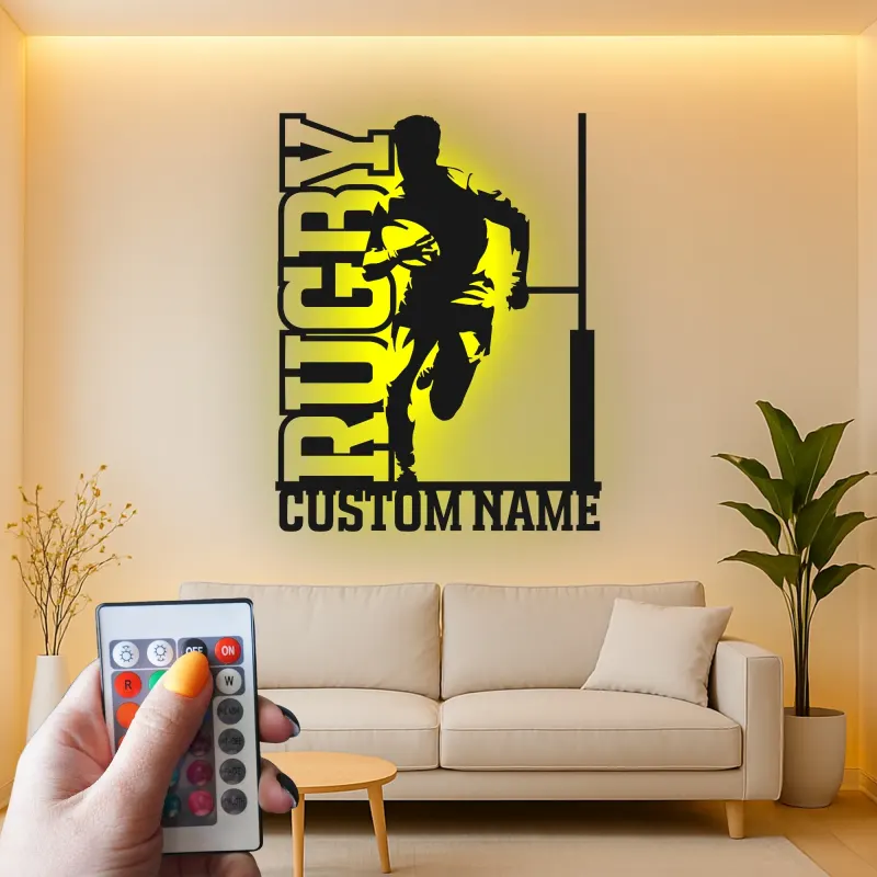 Custom Rugby Player LED Metal Sign | Personalized Athlete Name Light | Sports Game Room Decor | Gift for Coach or Rugby Fan