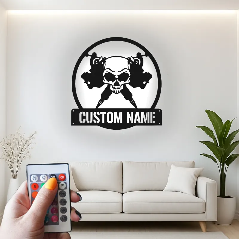 Personalisierte Skull LED-Leuchtschilder | Individuelles Metallschild für Tattoo-Studios | Edles Dekor für Tattoo-Studios und Künstlergeschenke