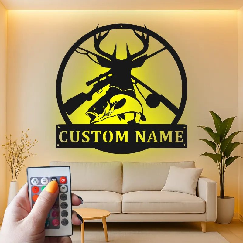 Insegna LED in metallo personalizzata per caccia e pesca | Arredo per baita per sportivi | Arte rustica per man cave