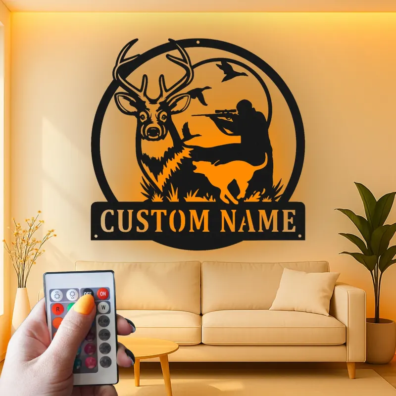 Personalisierte LED-Beleuchtung Metall-Wandkunst für Jäger und Rehe – Geschenk für Outdoor-Enthusiasten, Man Cave Jagd Dekor