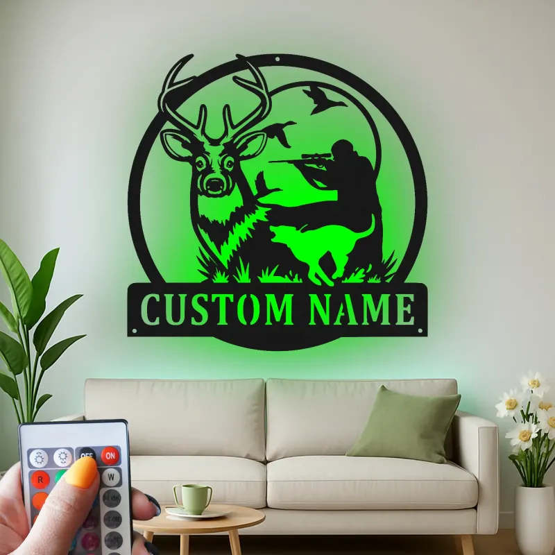 Personalisierte LED-Beleuchtung Metall-Wandkunst für Jäger und Rehe – Geschenk für Outdoor-Enthusiasten, Man Cave Jagd Dekor