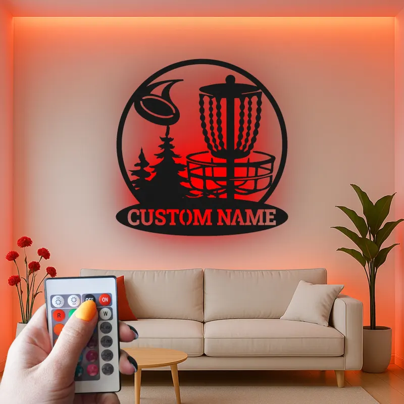 Décoration murale en métal LED personnalisée pour panier de disc golf - Cadeau pour les golfeurs