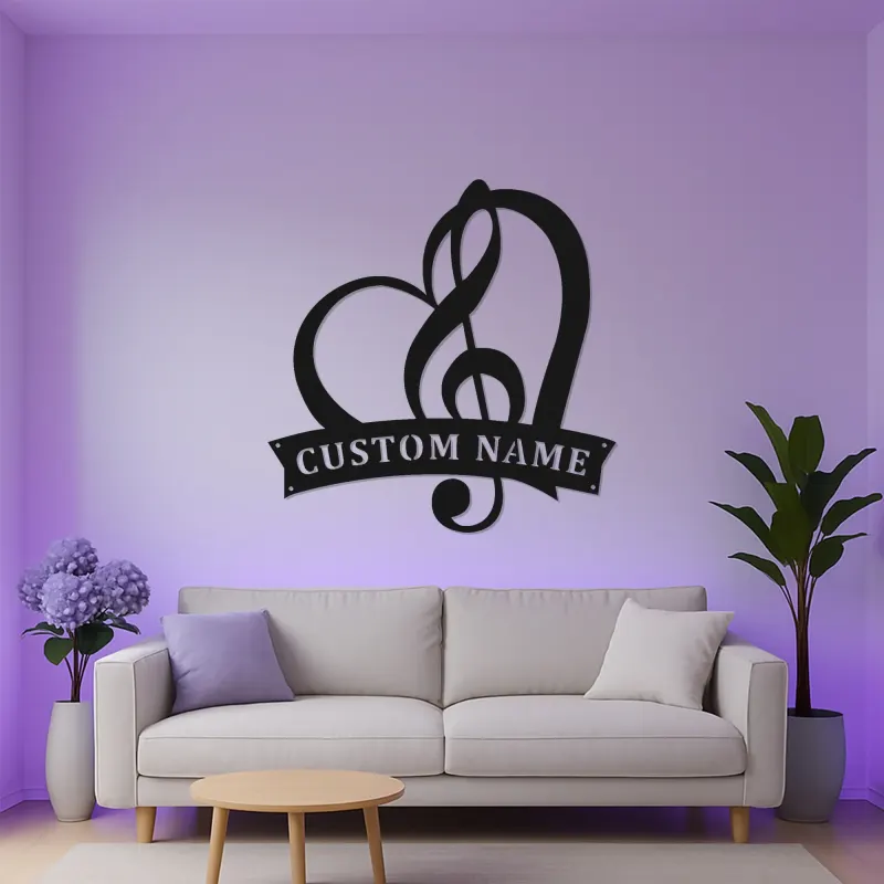 Panneau note de musique personnalisé | Décoration murale en métal LED sur mesure | Cadeau romantique pour musicien | Décor cœur et clé de sol