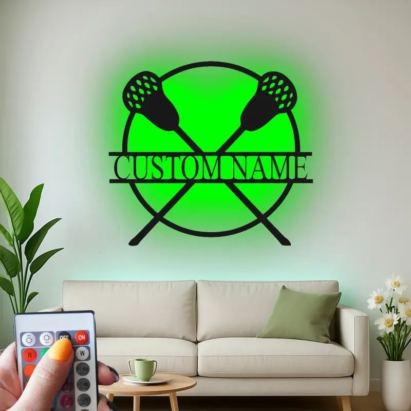 Custom Lacrosse LED Metal Sign | Personalized Crossed Sticks Wall Art | Sports Room Decor | Premium Player Gift