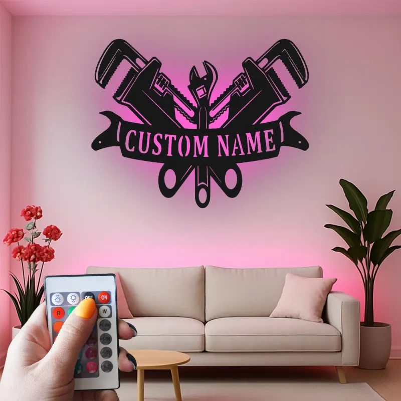 Custom Plumber LED Sign | Personalized Metal Tool Art | Workshop & Garage Decor | Pipe Wrench Wall Light