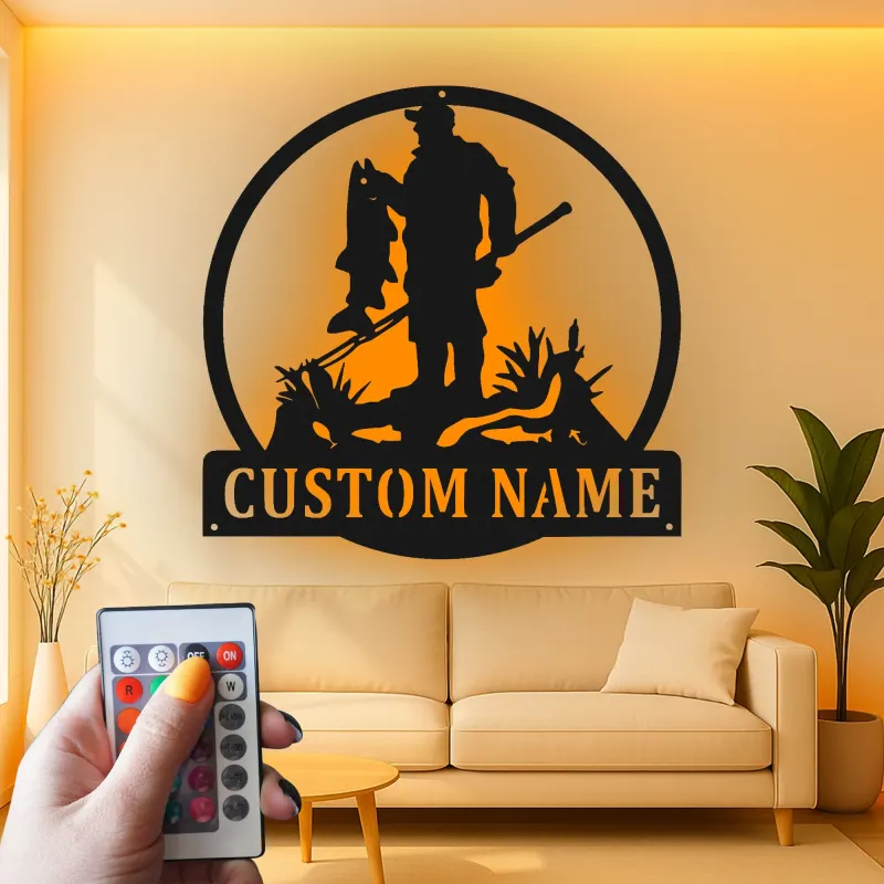 Panneau personnalisé de pêcheur avec LED | Décoration murale en métal sur mesure | Déco pour maison de lac et chalet | Cadeau pour pêcheur