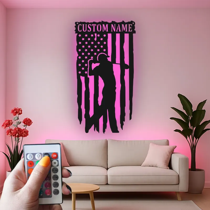 Insegna in metallo personalizzata per golfista con LED | Arte murale con nome e bandiera USA | Regalo patriottico per man cave e ufficio
