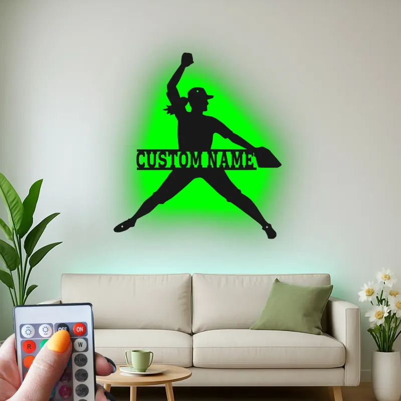 Cartel de metal personalizado con luz LED de lanzadora de softbol, regalo personalizado para atletas, decoración para sala de deportes