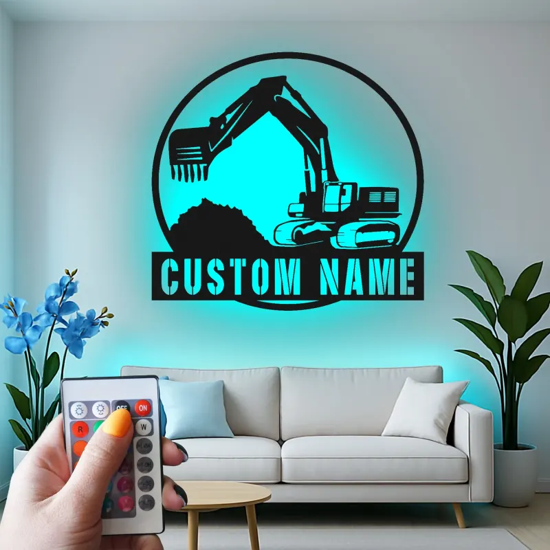 Personalisierte LED-Metall-Wandkunst mit Bagger-Motiv – Geschenk für Bauprofis, Büro oder Garage