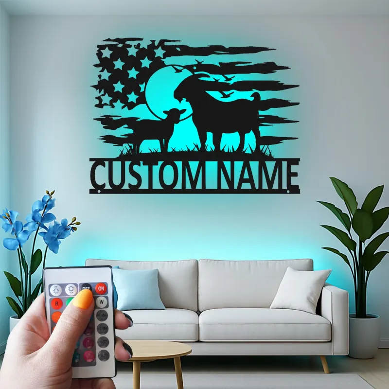 Insegna in metallo con capra e bandiera americana | Arredo LED personalizzato in stile farmhouse | Regalo su misura per amanti delle capre e arte per stalla