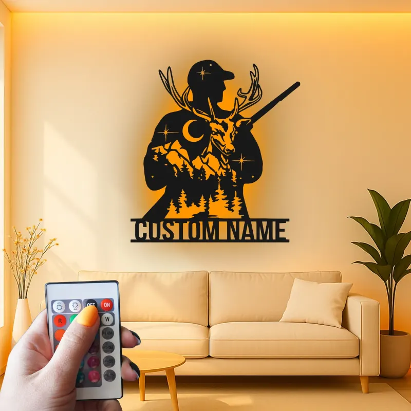 Cartel de metal personalizado de cazador y ciervo con luz LED regalo personalizado para entusiastas del aire libre decoración de man cave
