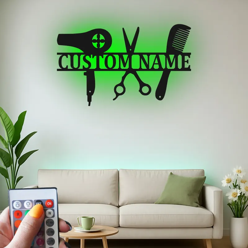 Enseigne LED pour coiffeur | Décor de salon en métal personnalisé avec nom | Cadeau personnalisé pour coiffeur et décoration murale pour studio beauté