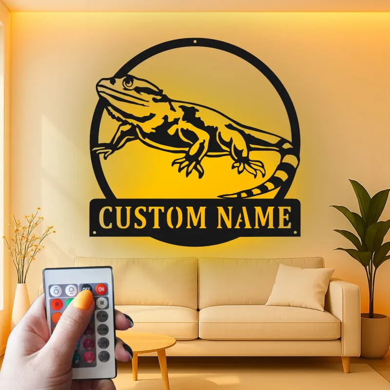 Cartel de metal personalizado con luz LED de dragón barbudo Regalo para amantes de reptiles Decoración de dormitorio o salón 3