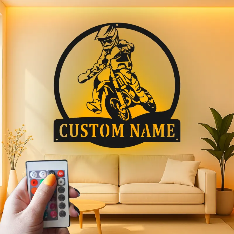 Personalisierte LED-Beleuchtung Metall-Wandkunst für Motocross-Fahrer – Einzigartiges Geschenk für Dirtbike-Enthusiasten, Garage oder Spielzimmer