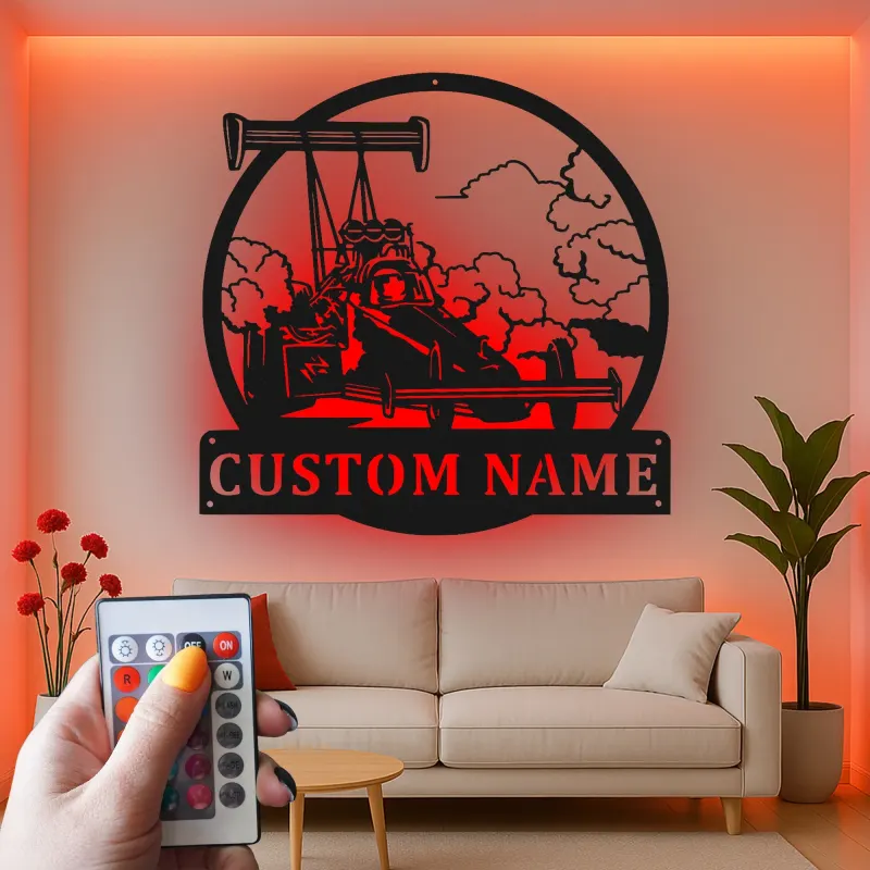 Cartel de metal personalizado con coche de carreras dragster con luz LED, regalo personalizado para entusiastas de los coches, decoración para garaje
