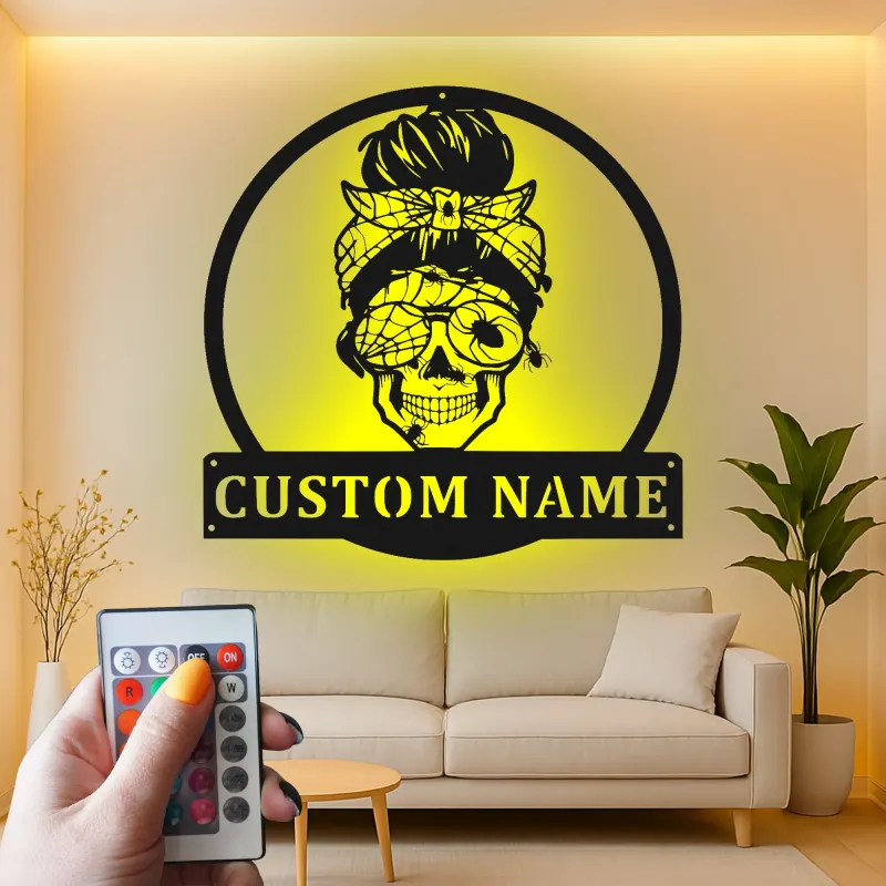 Panneau Métal Femme Crâne Gothique | Plaque de Nom LED Personnalisée | Art Murale Squelette Vintage pour Maison ou Studio de Tatouage