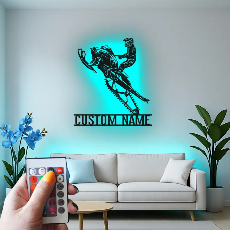 Panneau LED de Motoneige Personnalisé | Art Murale en Métal Personnalisé pour Motard | Décoration de Garage de Sports Extrêmes | Cadeau d'Aventure d'Hiver