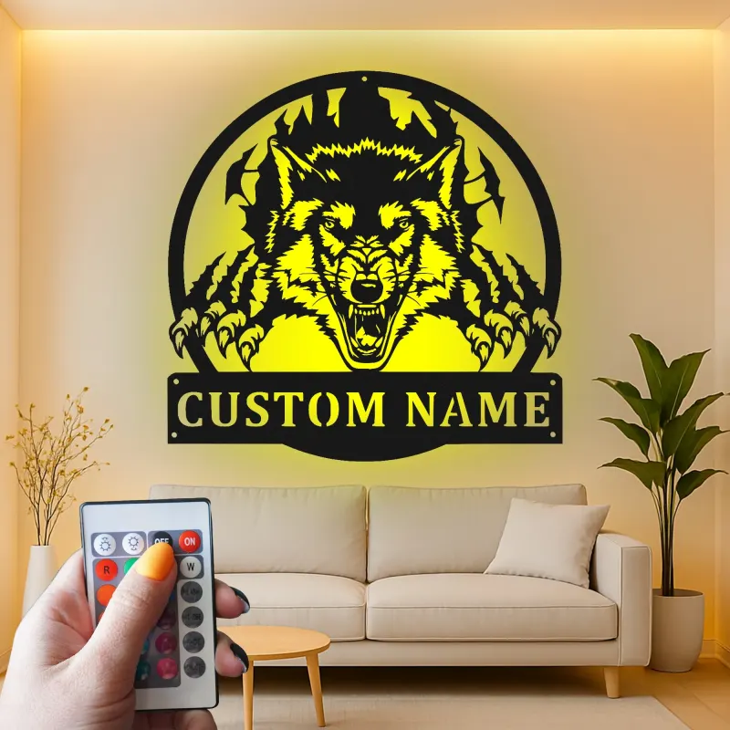 Insegna in metallo LED personalizzata con lupo - Regalo per lui, decorazione per man cave o sala giochi