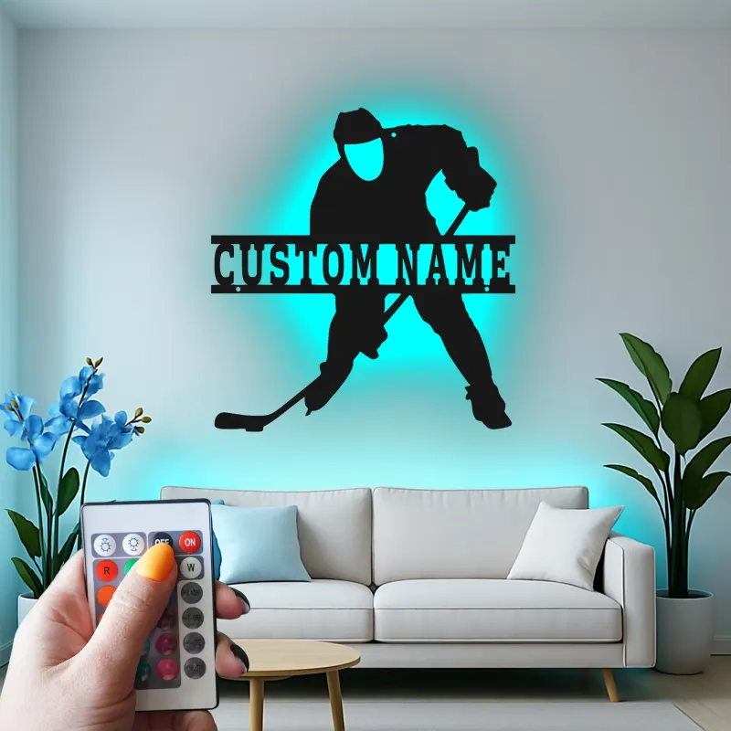 Insegna in Metallo Personalizzata per Giocatore di Hockey | Arte Murale LED Personalizzata | Decorazione per Hockey su Ghiaccio per Sala Giochi | Regalo per Fan