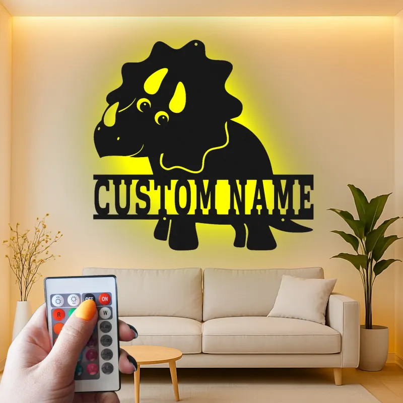 Insegna in metallo personalizzata Triceratopo con luce LED regalo personalizzato per decorazione camera nursery per bambini