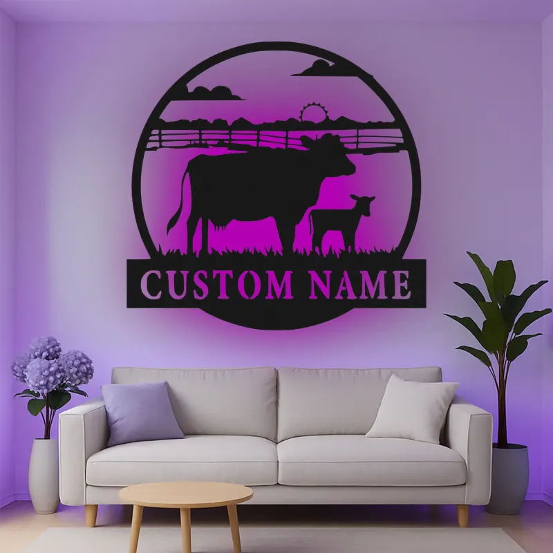 Décoration murale en métal personnalisée avec vache et veau en rétroéclairage - Cadeau pour agriculteurs - Décor de grange rustique