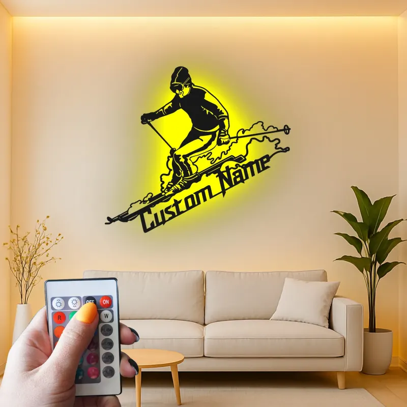 Custom Skier LED Metal Sign | Personalized Ski Lodge Decor | Illuminated Winter Sports Wall Art | Unique Athlete Gift