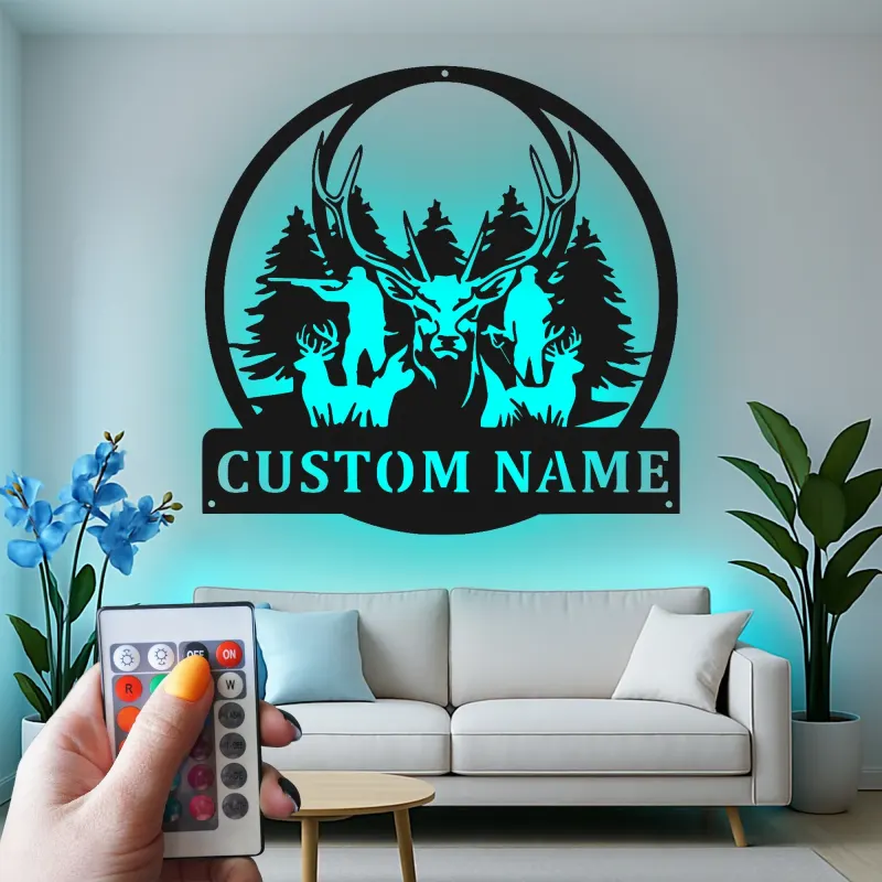 Personalisierte LED-Metall-Wandkunst für Hirschjäger – Geschenk für Outdoor-Fans, Deko für Hütte oder Man Cave